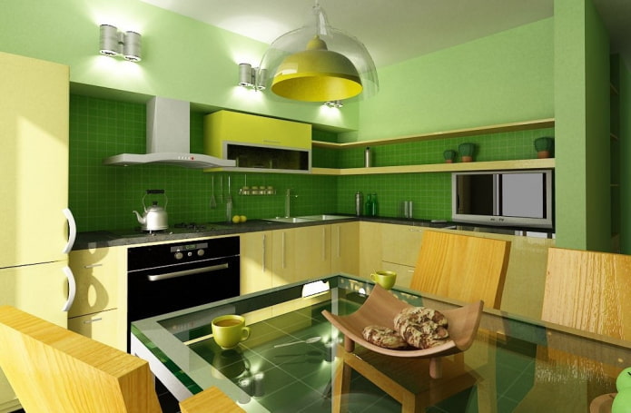 køkkenindretning i gulgrønne toner