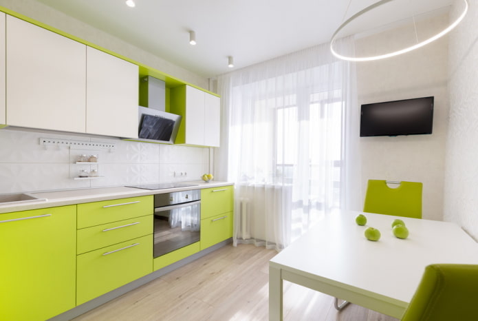 thiết kế nhà bếp với màu trắng và xanh lá cây