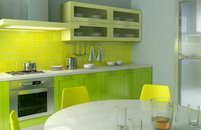 εσωτερικό της κουζίνας σε κίτρινες-πράσινες αποχρώσεις