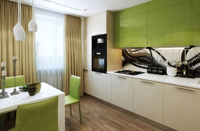 smėlio ir žalių spalvų virtuvės interjeras