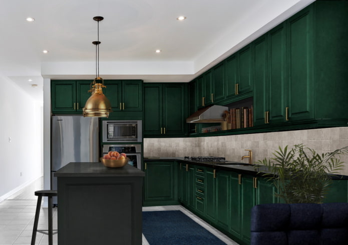 virtuvės dizainas tamsiai žalios spalvos