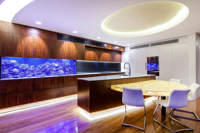 kuchyňský interiér s akváriem