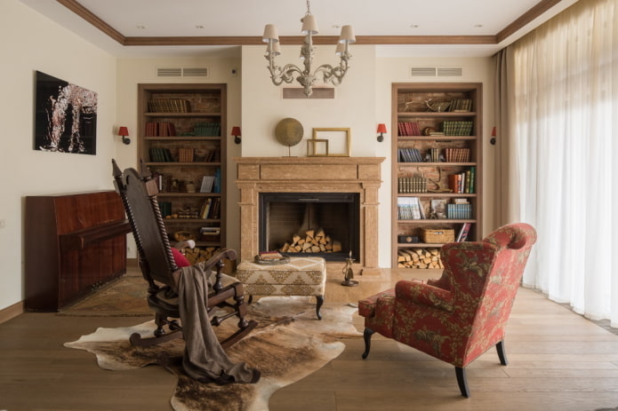 interiér obývacího pokoje v rustikálním stylu