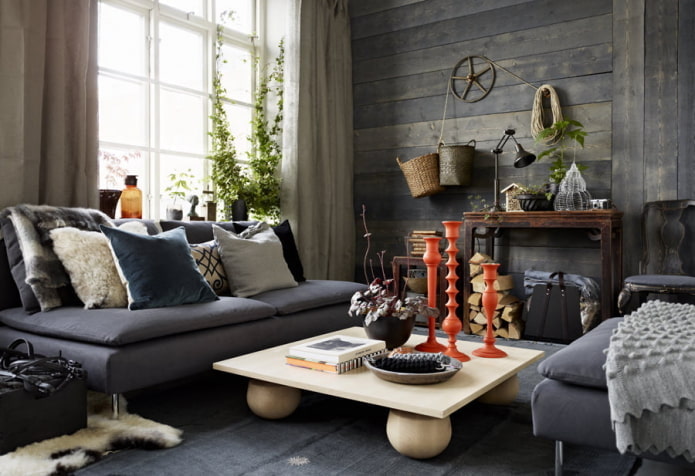 výzdoba v obývacím pokoji v rustikálním stylu