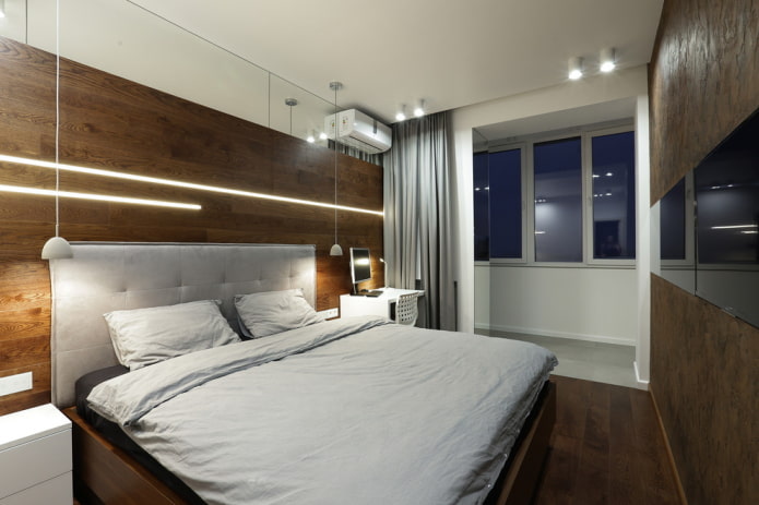 miegamasis su minimalizmo stiliaus balkonu