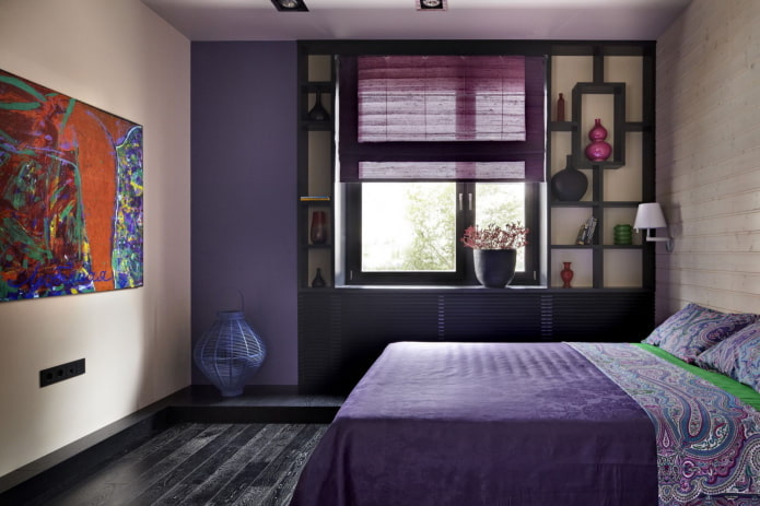 beżowo-fioletowe wnętrze sypialni