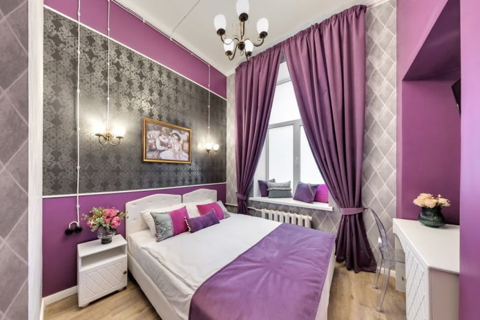 šedo-fialový interiér ložnice