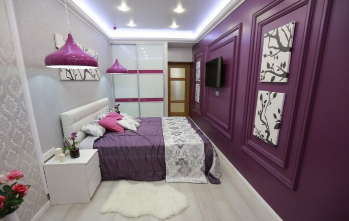 interior dormitor alb și liliac