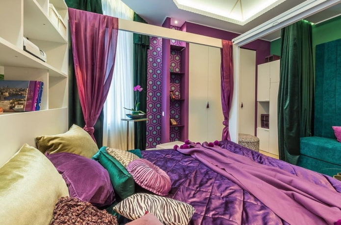 liliowo zielone wnętrze sypialni