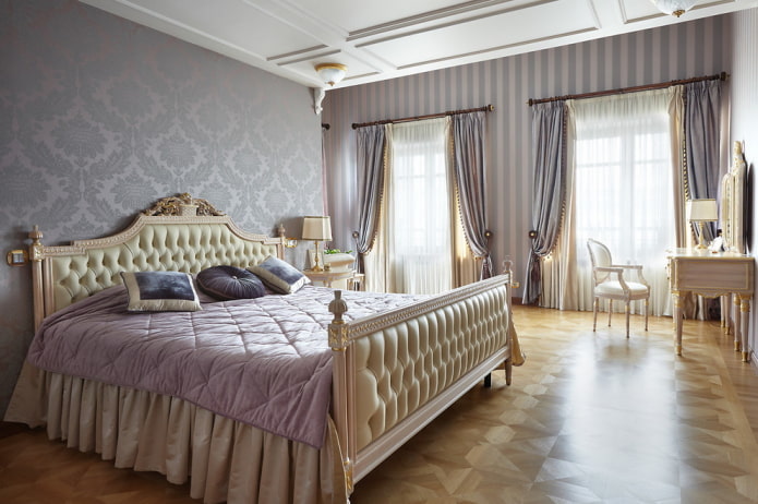 beżowo-fioletowe wnętrze sypialni