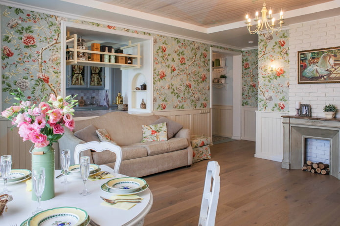 interiér kuchyně-obývací pokoj v provensálském stylu