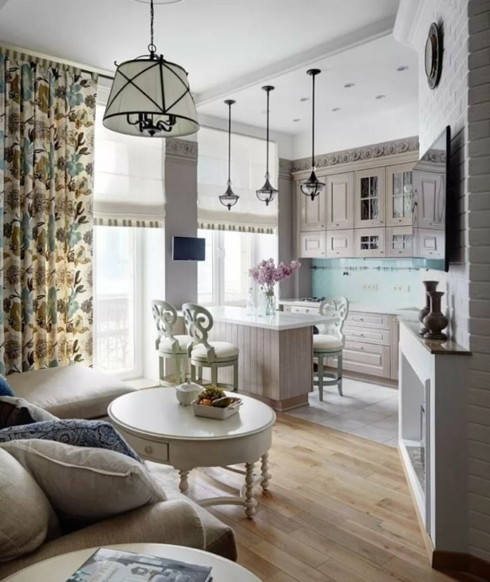 interior design della cucina-soggiorno in stile provenzale
