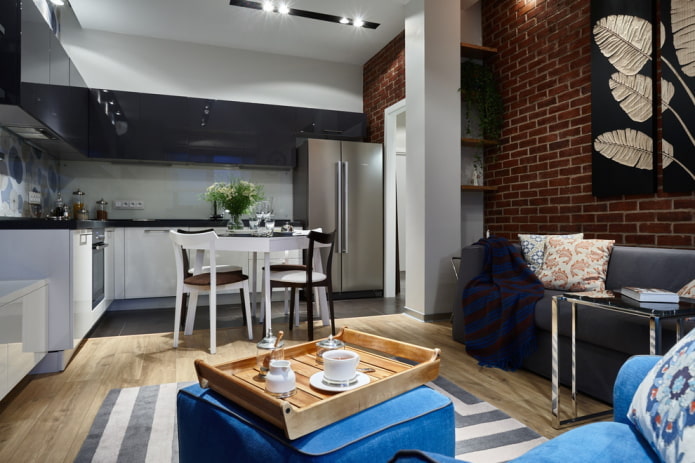 bucătărie spațioasă-living combinată cu set de colț