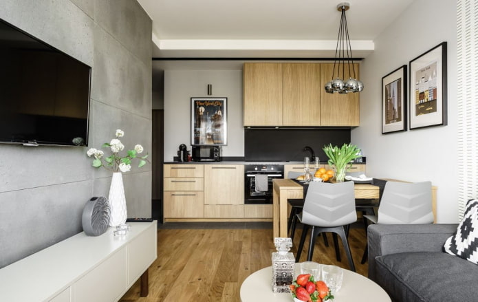virtuves-dzīvojamās istabas izvietojums 20 kvadrātmetru platībā