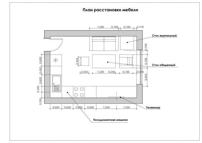 indeling van de keuken-woonkamer met een oppervlakte van 12 vierkanten