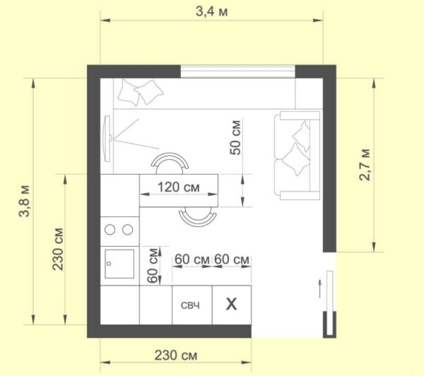 keittiö-olohuone, jonka pinta-ala on 12 neliötä
