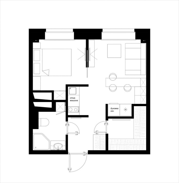 disposizione della cucina-soggiorno con una superficie di 12 quadrati