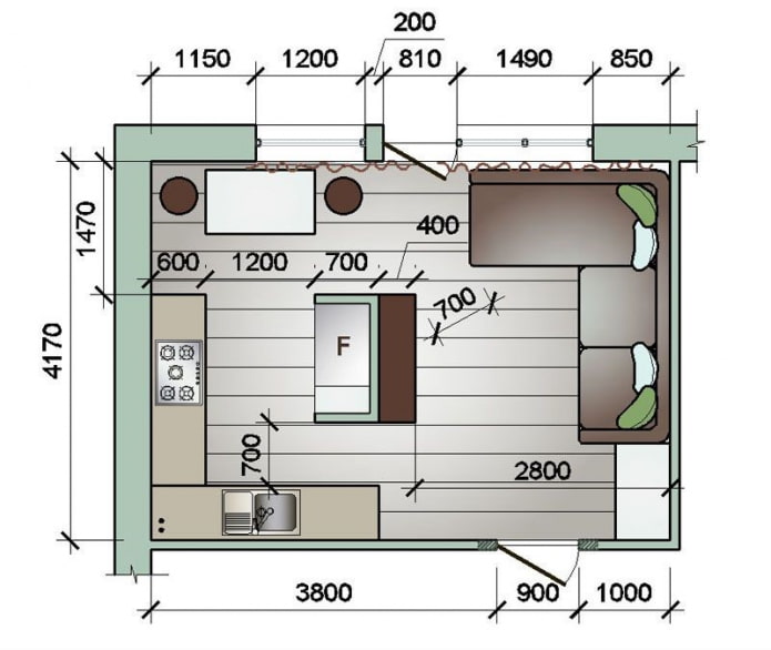تصميم غرفة معيشة مطبخ صغيرة الحجم