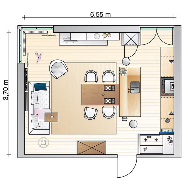 تخطيط مربع لغرفة المعيشة في المطبخ
