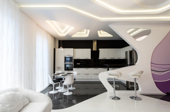 sadrokartónový strop v interiéri kuchyne-obývacej izby
