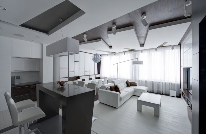 griestu dizains virtuves-dzīvojamās istabas interjerā