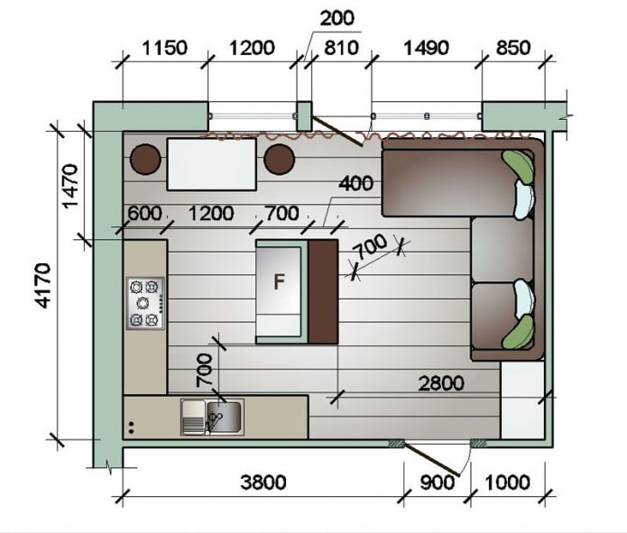 غرفة معيشة ومطبخ مستطيلة 16 متر مربع