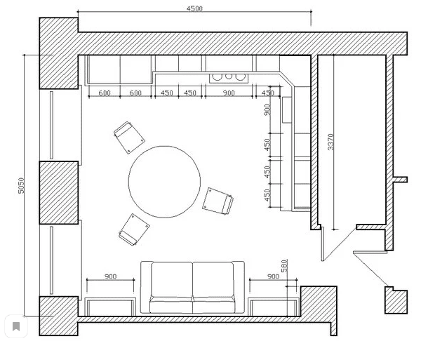 vierkante keuken-woonkamer van 16 m².