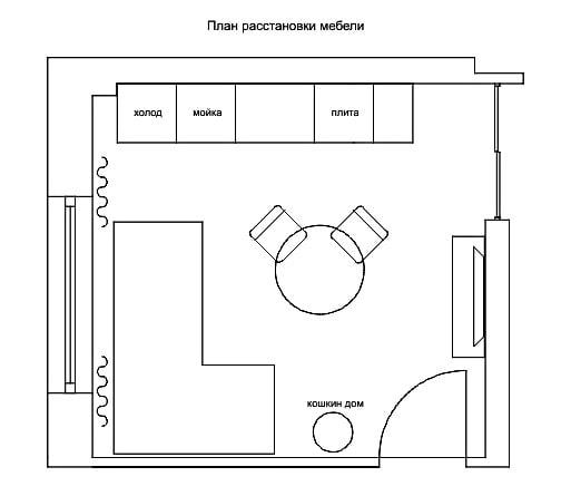 štvorcová kuchyňa-obývacia izba o 16 štvorcových.