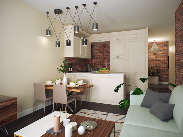 16 karelik bir mutfak-oturma odasının iç tasarımı
