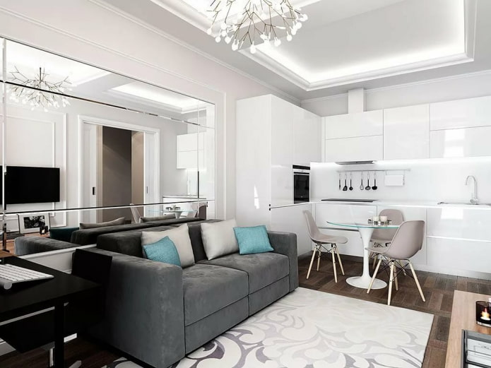 disseny d'interiors d'una cuina-sala d'estar amb una superfície de 16 places