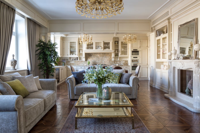 klasisks virtuves-dzīvojamās istabas dizains