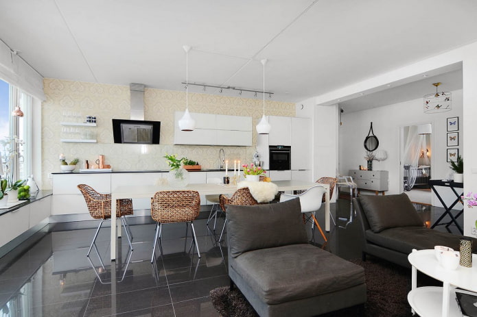Design kuchyně a obývacího pokoje ve skandinávském stylu