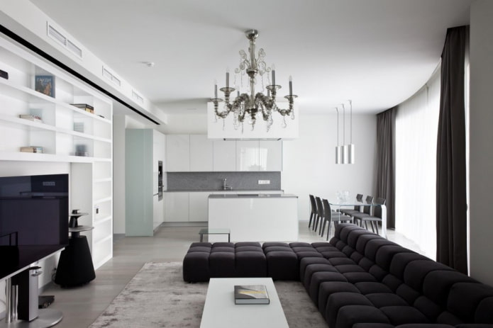 conception de la cuisine-salon dans le style du minimalisme