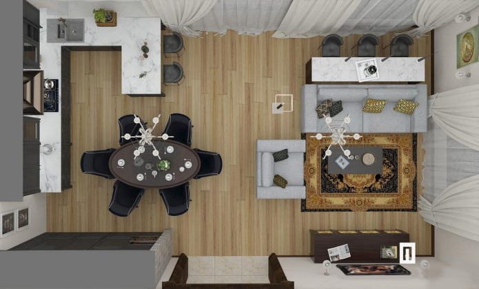 układ prostokątnej kuchni-salonu 25 kwadratów