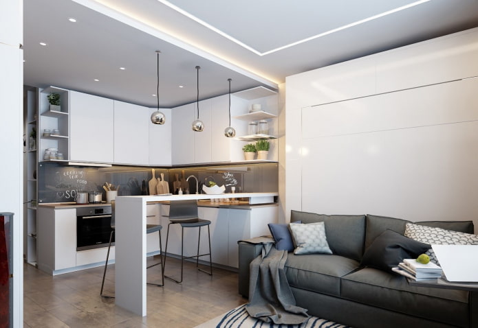 15 karelik bir alana sahip mutfak-oturma odasının imar edilmesi