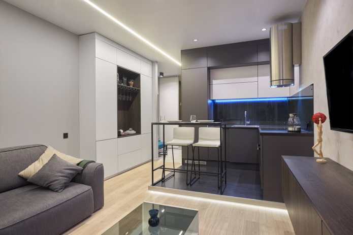 virtuves-dzīvojamās istabas zonējums 15 kvadrātmetru platībā
