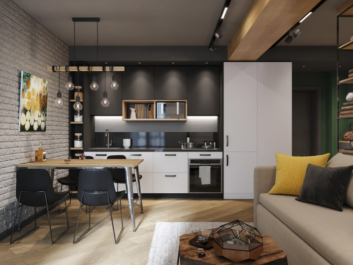 virtuves-viesistabas interjers 15 laukumi bēniņu stilā