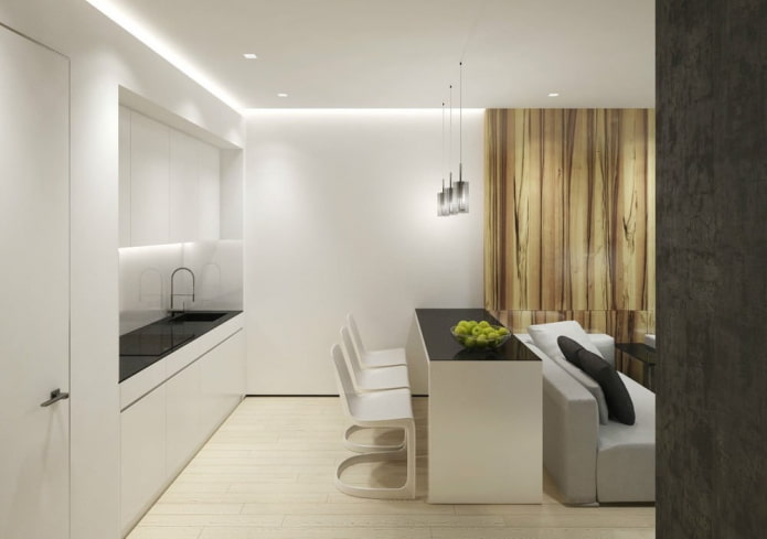 virtuvės-svetainės interjeras 15 kvadratų minimalizmo stiliumi