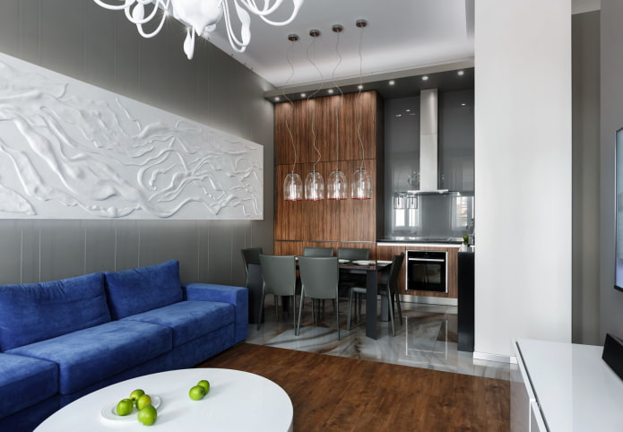 interiér kuchyně-obývací pokoj 15 čtverců v moderním stylu