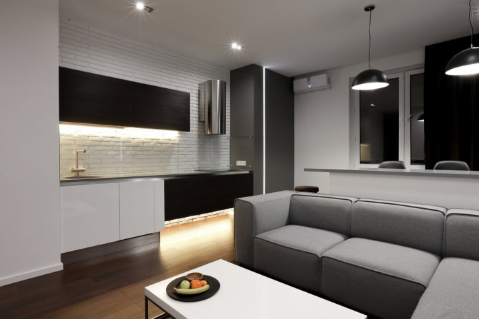 keittiö-olohuone 17 neliötä minimalismin tyyliin