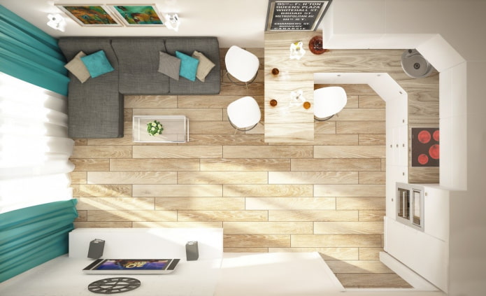 cuina-sala d'estar rectangular amb una superfície de 17 places