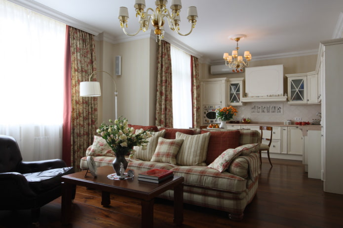 Interiér kuchyně a obývacího pokoje v provensálském stylu