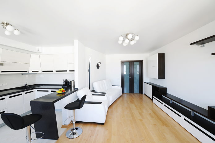 interiør i køkken-stuen i stil med minimalisme