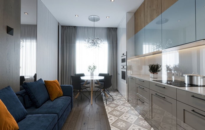 virtuves-dzīvojamās istabas dizains ar vienu logu