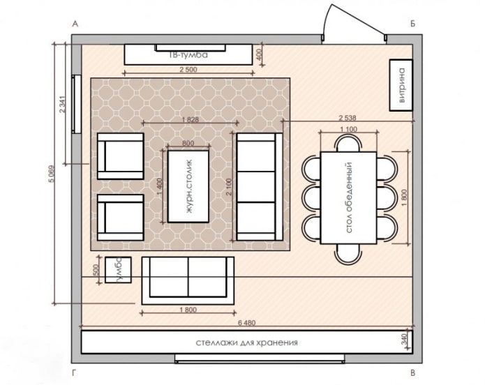 plán kuchyně-obývacího pokoje ve tvaru čtverce