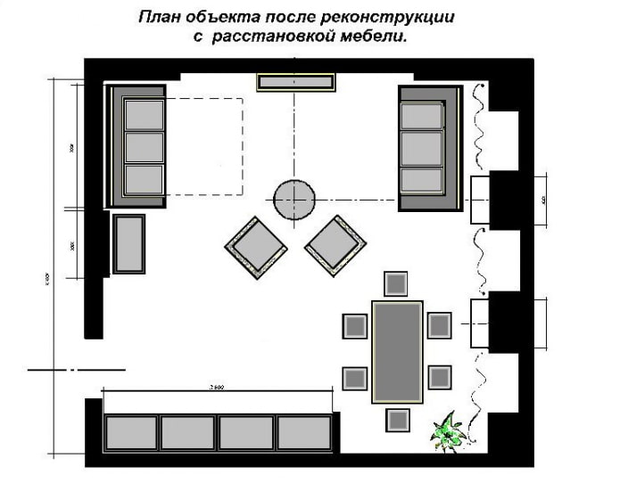 kvadrato formos virtuvės-svetainės planas