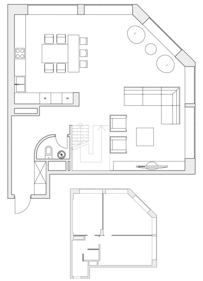 plán kuchyňa-obývacia izba s neštandardným usporiadaním