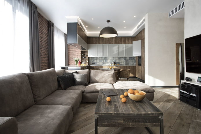 virtuves-dzīvojamās istabas interjers mūsdienīgā stilā