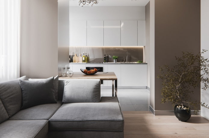 interieur van de keuken-woonkamer in de stijl van minimalisme