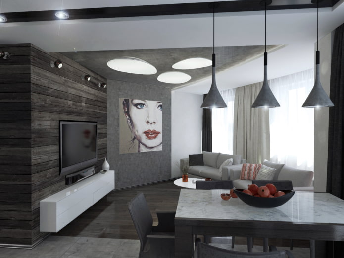 interiér kuchyne-obývacia izba s neštandardným usporiadaním